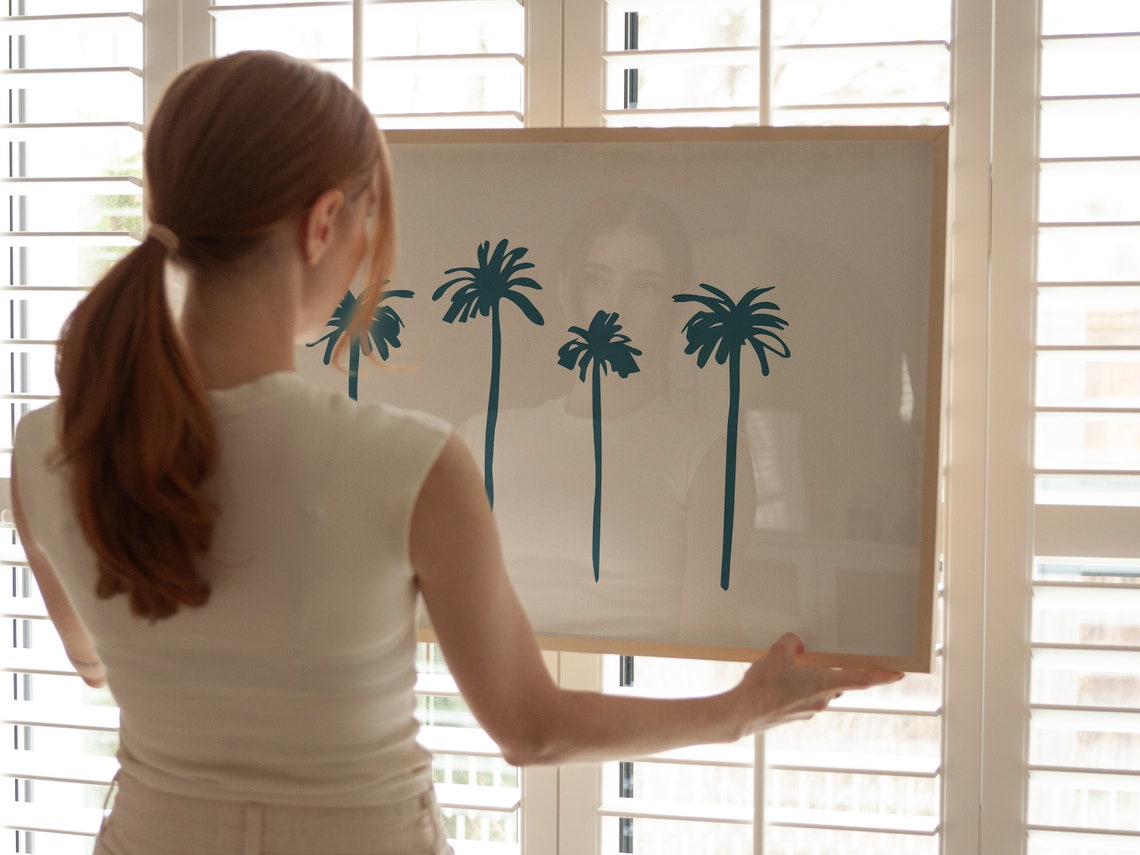 Four Teal Palm Trees Silhouette Minimalist Cream Beach Wall Art - Image 4