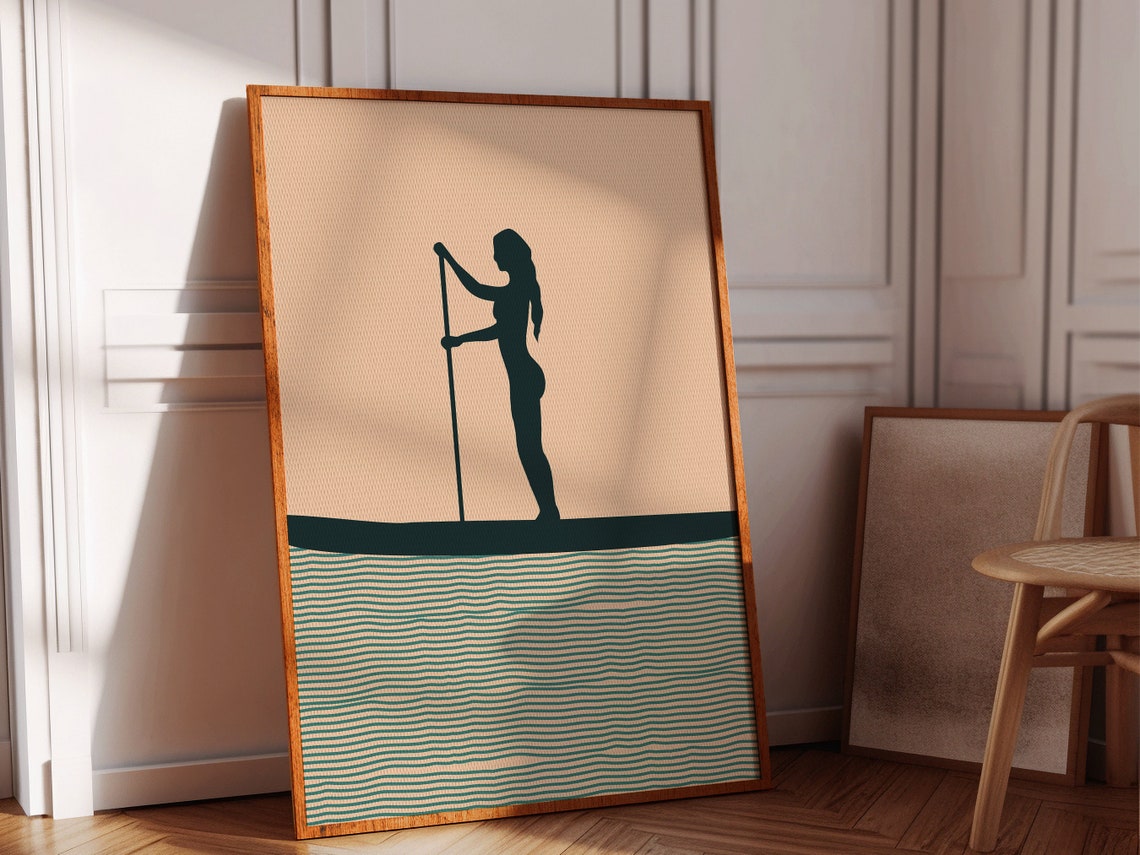 Boho Woman Paddleboard Dark Silhouette Blush Minimalist Sports Poster