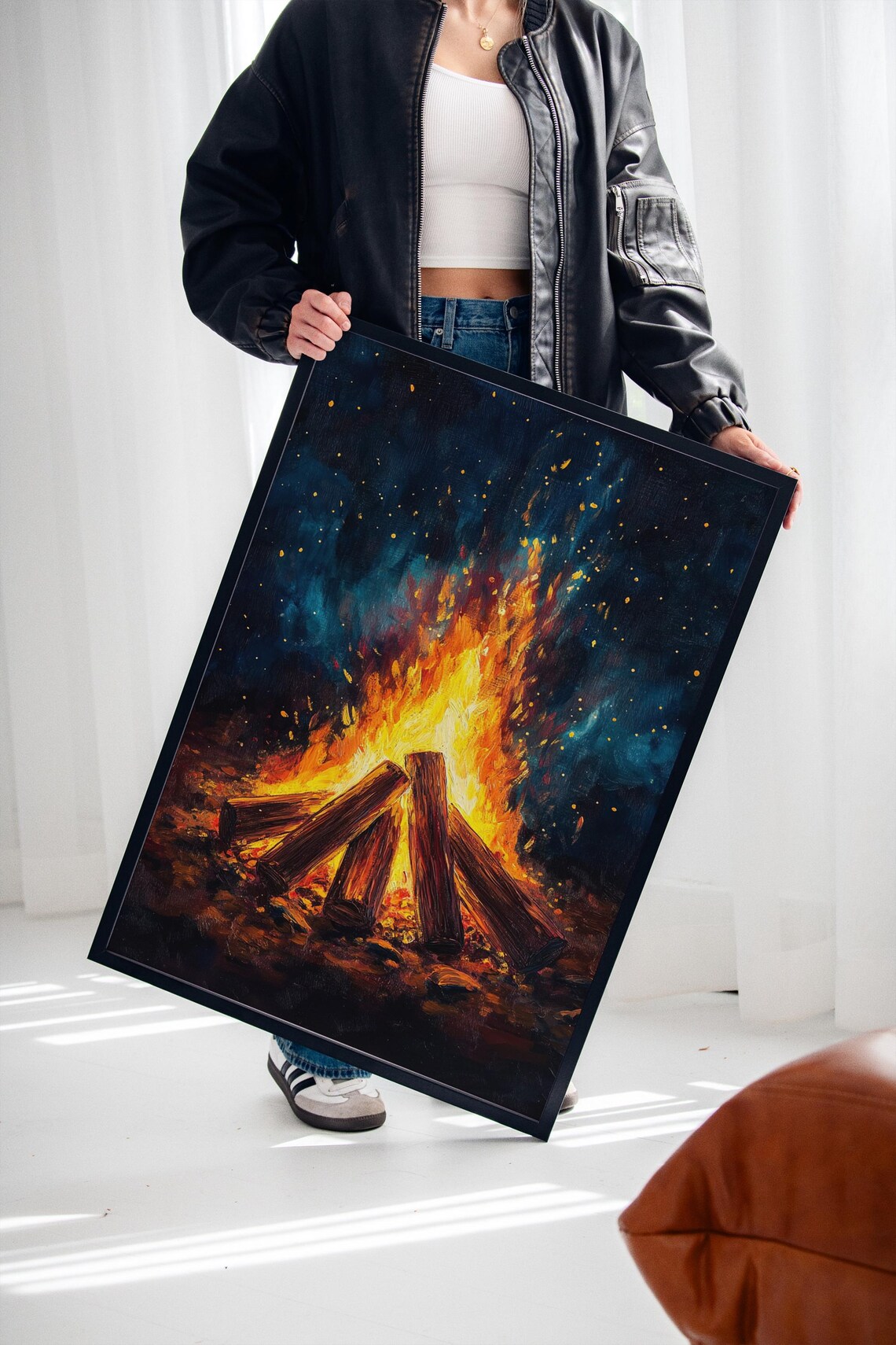 Cozy Campfire Night, Rustic Bonfire Painting - Image 4