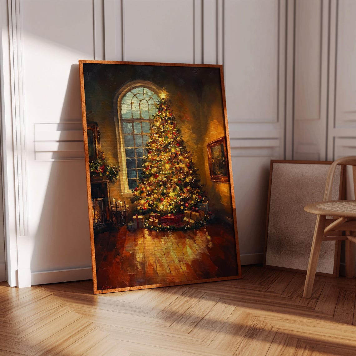 Glowing Christmas Tree By The Fireplace Cozy Holiday Living Room Scene With Lights Gifts Garland In Oil Painting Style Print - Image 4
