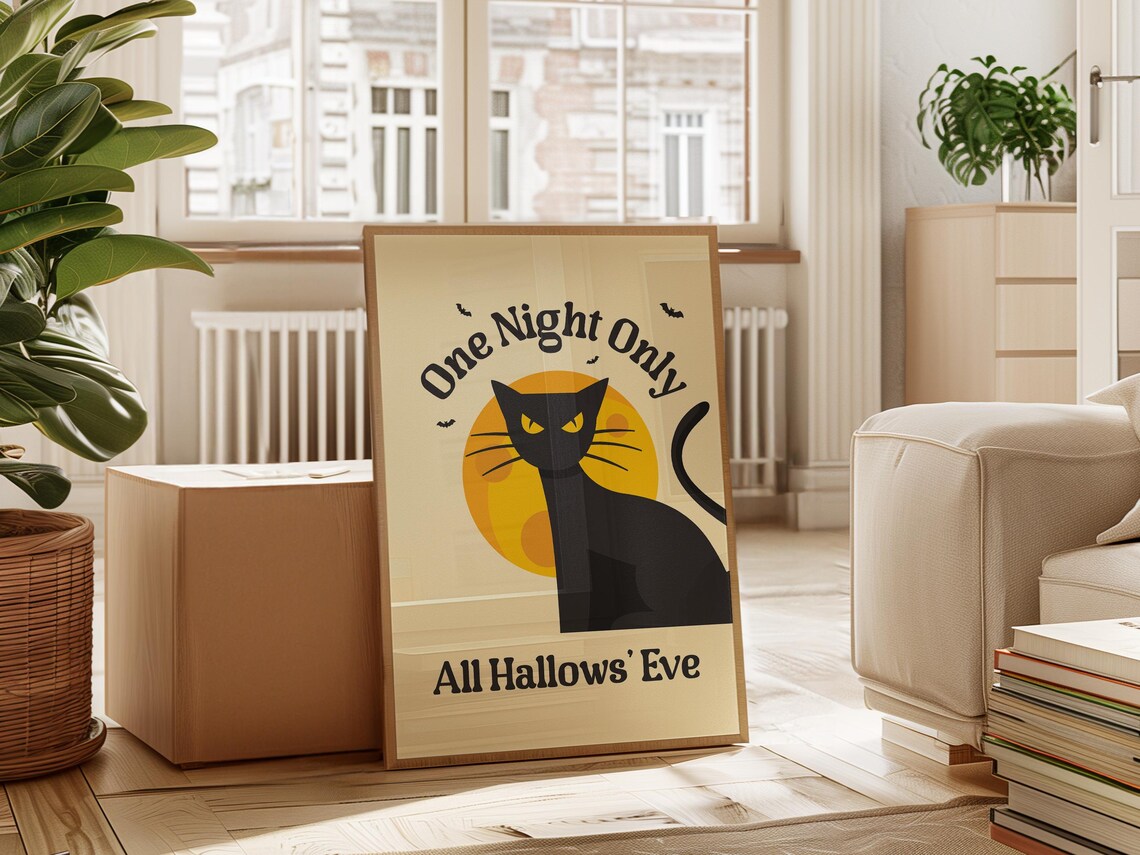 All Hallows Eve One Night Only Black Cat Retro Halloween Wall Poster
