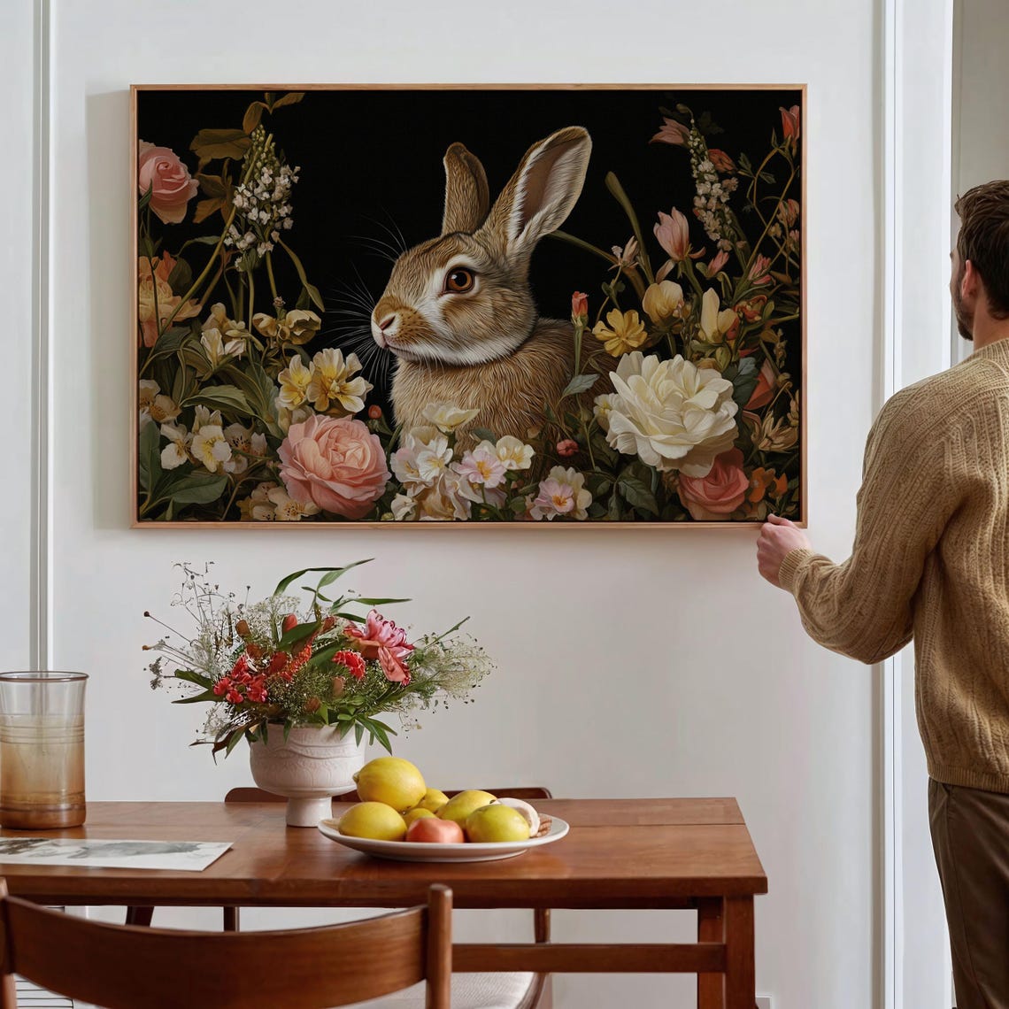 Rabbit Among Roses And Peonies Dark Botanical Floral Animal Art Print - Image 4
