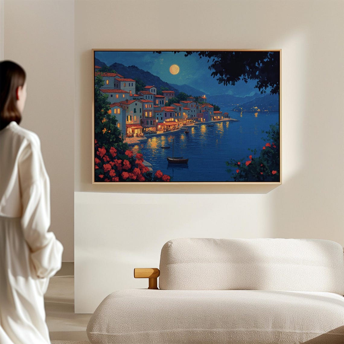 Moonlit Mediterranean Village Coastal Harbor Night Lights Poster - Image 2
