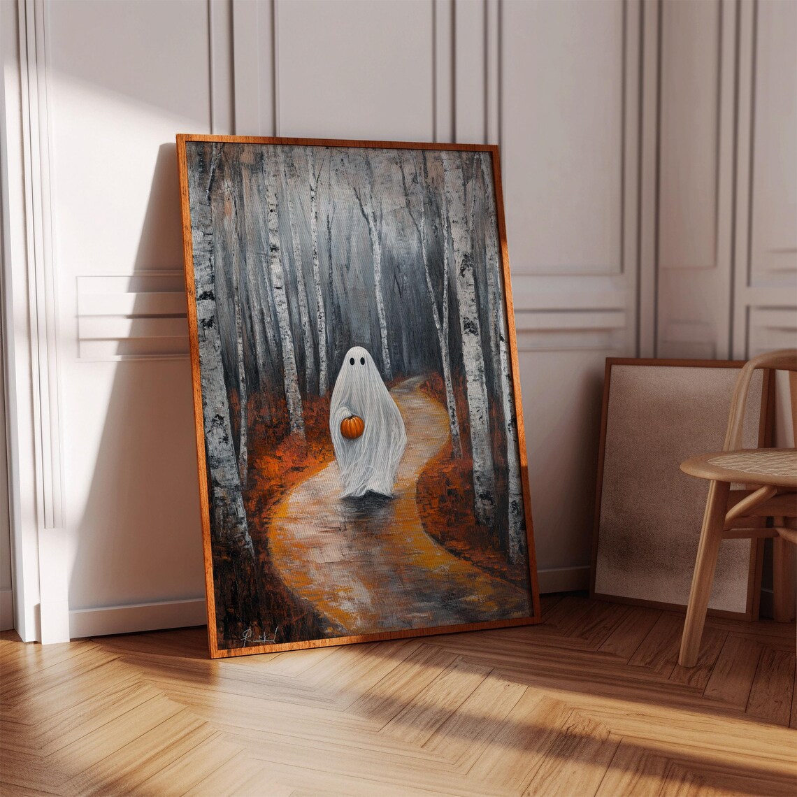 Ghost With Pumpkin, Birch Forest Autumn Halloween Print - Image 2