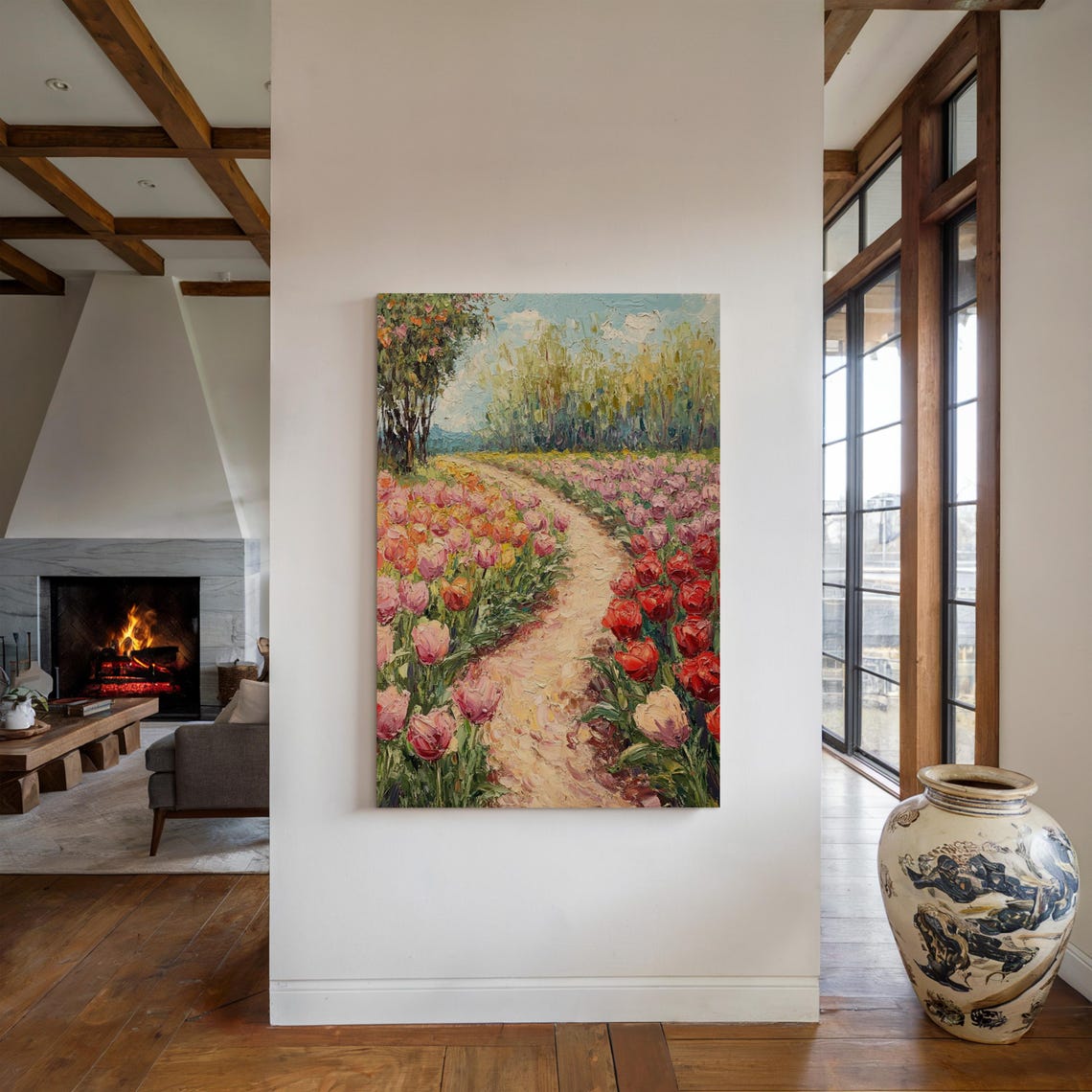 Colorful Tulip Field Pathway, Impressionist Landscape - Image 5