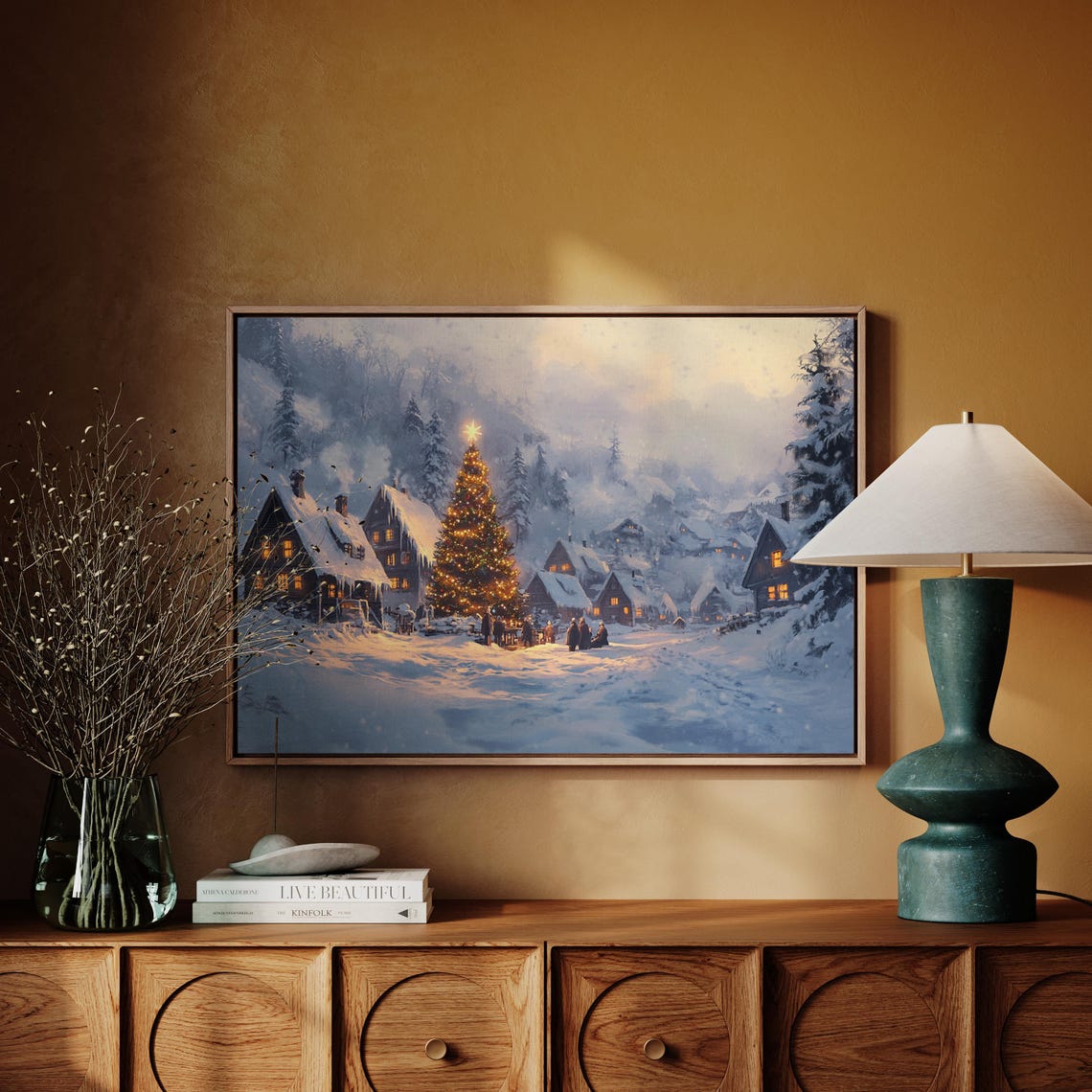 Cozy Snowy Christmas Village Tree Glowing Windows Winter Art Poster - Image 3