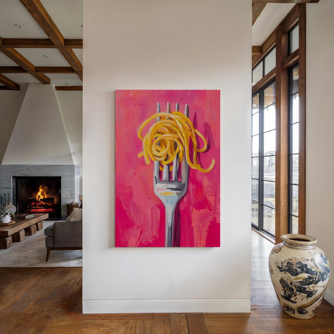 Fork With Golden Spaghetti Vibrant Hot Pink Modern Food Art Poster - Image 2