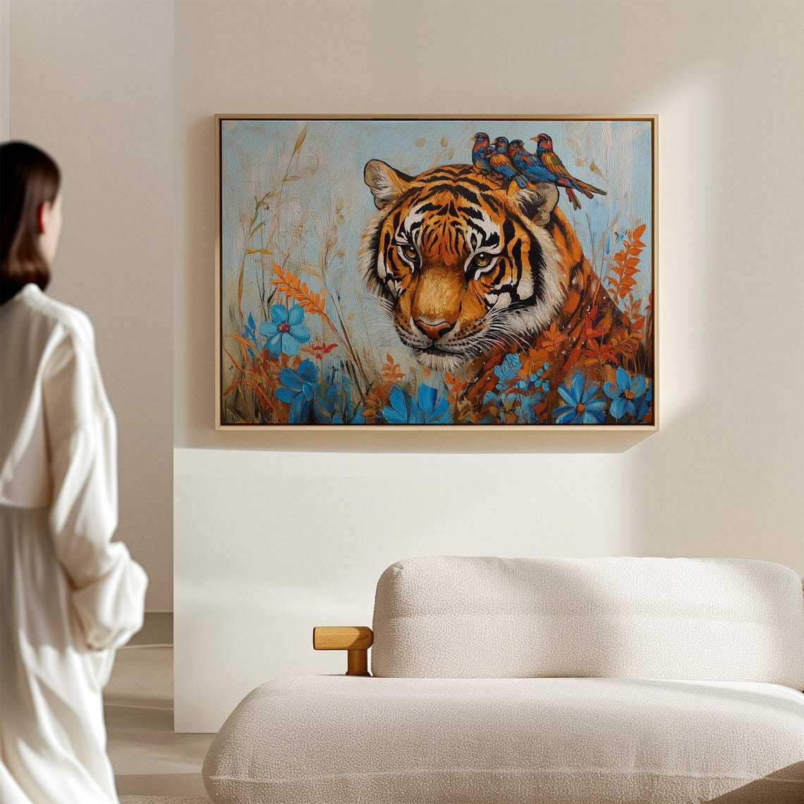 Majestic Tiger Portrait With Perched Birds And Blue Flowers Wall Art - Image 4