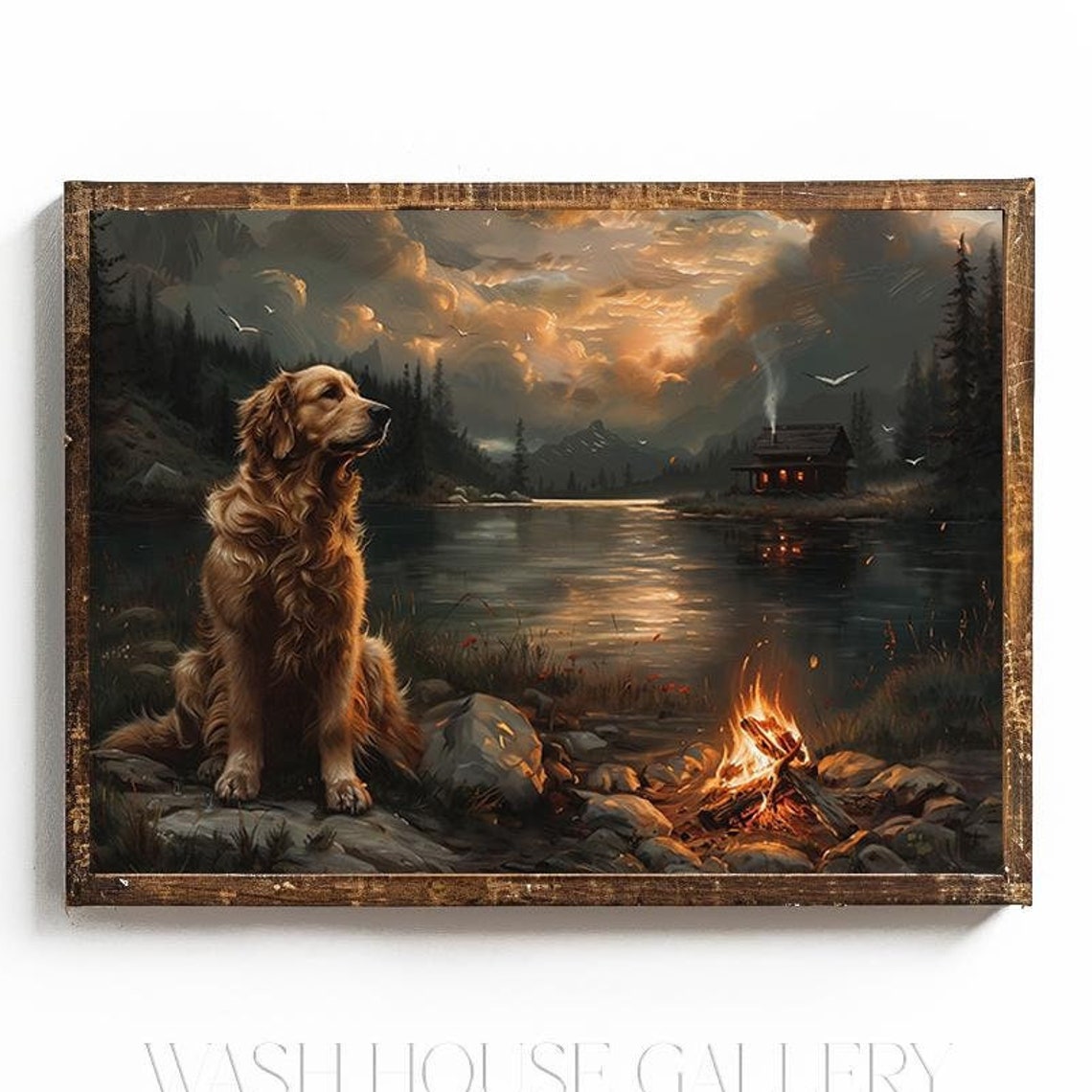 Golden Retriever by a Campfire at Sunset on a Mountain Lake Poster