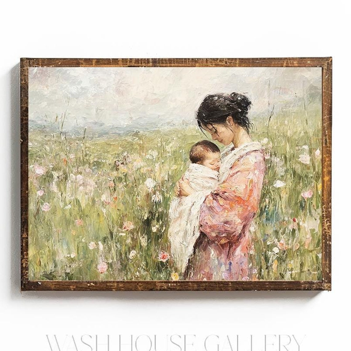 Mother Cradling Baby In Wildflower Meadow Impressionist Art Poster