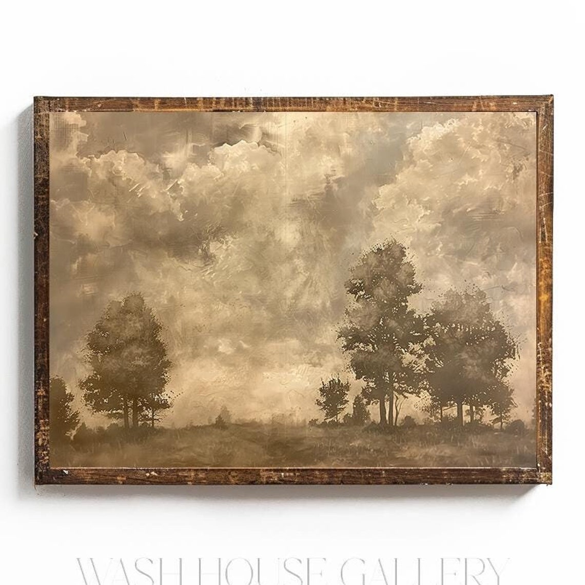 Sepia Tone Field Landscape with Dramatic Cloudy Vintage Sky Poster