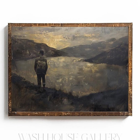 Backpacking Art Print Moody Wall Art Dark Oil Painting Wall Art For Cabin Decor Hiking Art Camping Wall Art Vintage Landscape Art
