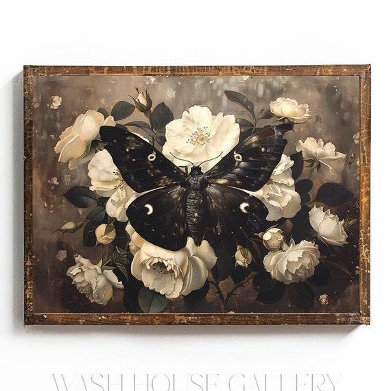 Moth Print Moody Wall Art Dark Cottagecore Wall Art Witchy Decor Vintage Moth Art Celestial Decor Black Butterfly Print Celestial Butterfly