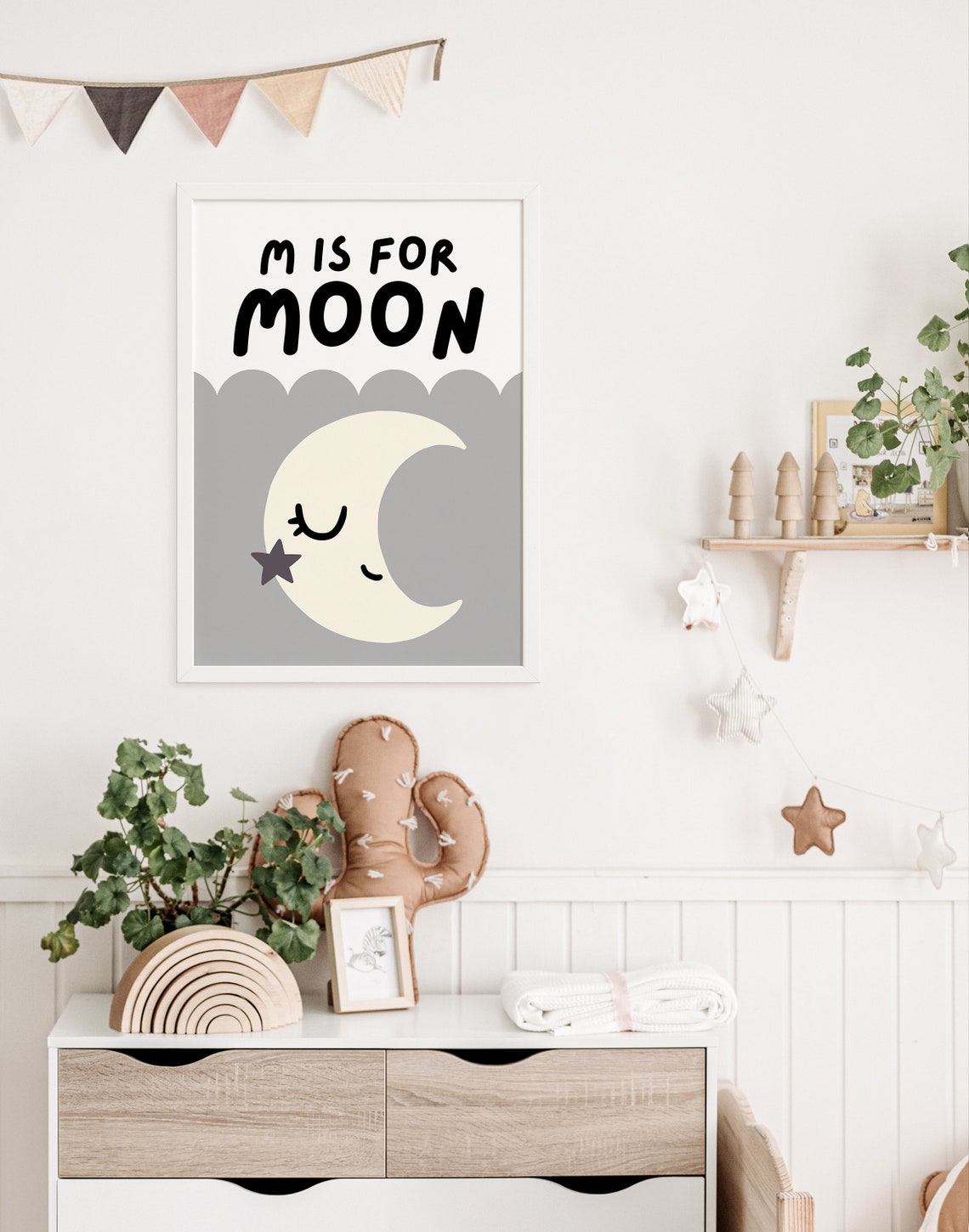 M Is For Moon Boho Nursery Sleeping Crescent Moon Star Kids Poster - Image 3