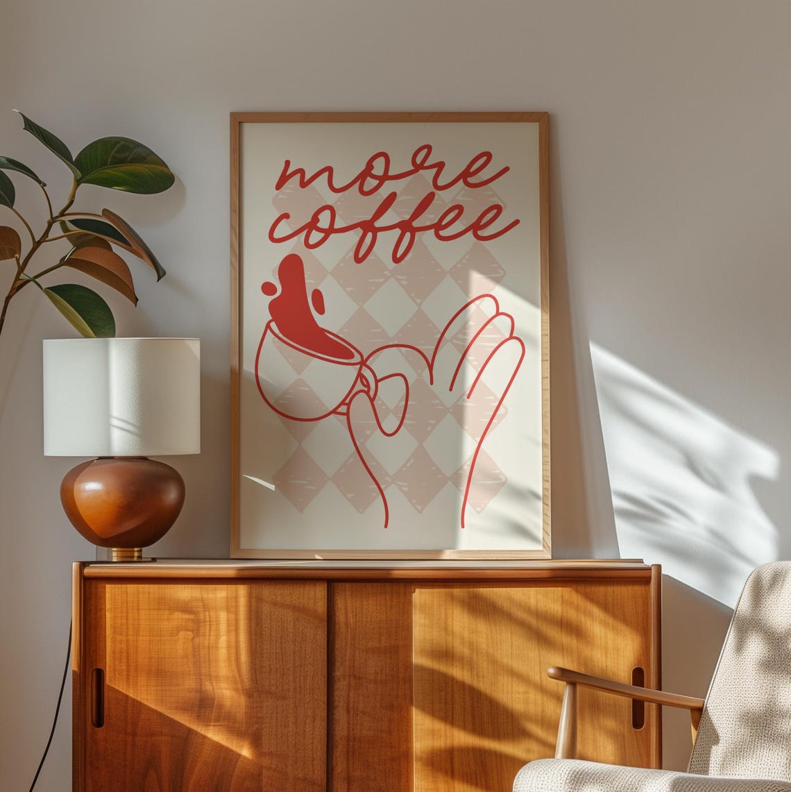 More Coffee Red Script Line Art Hand Holding Cup Kitchen Poster - Image 3