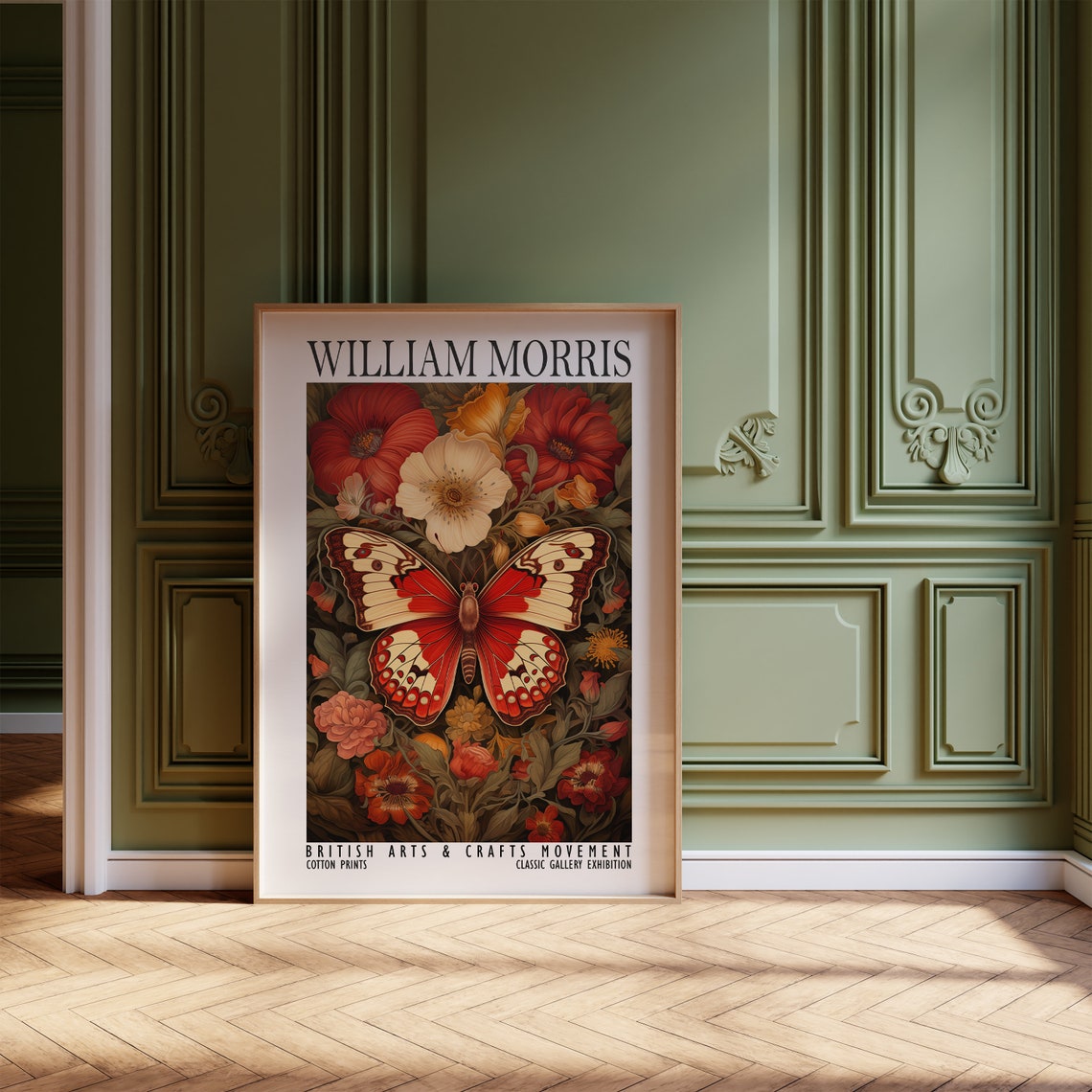 William Morris Red Butterfly Floral Garden Exhibition Art Poster - Image 2