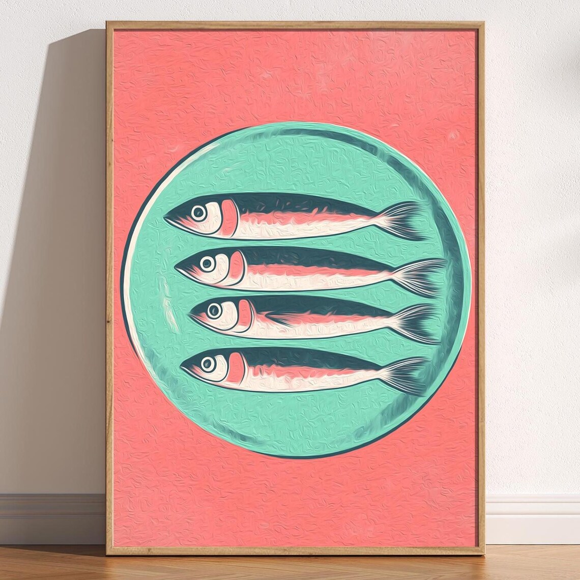 Retro Sardines on Mint Plate Bold Coral Pop Art Kitchen Poster