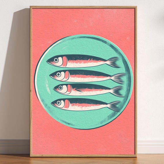 Retro Sardines Plate Print Midcentury Kitchen Wall Art Bold Food Illustration Fish Decor Colourful Pop Poster Quirky