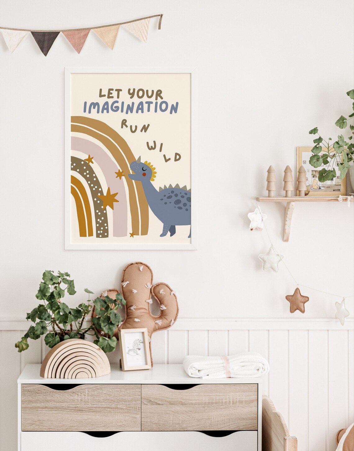 Dinosaur and Rainbow Nursery Print, Boho Poster - Image 2