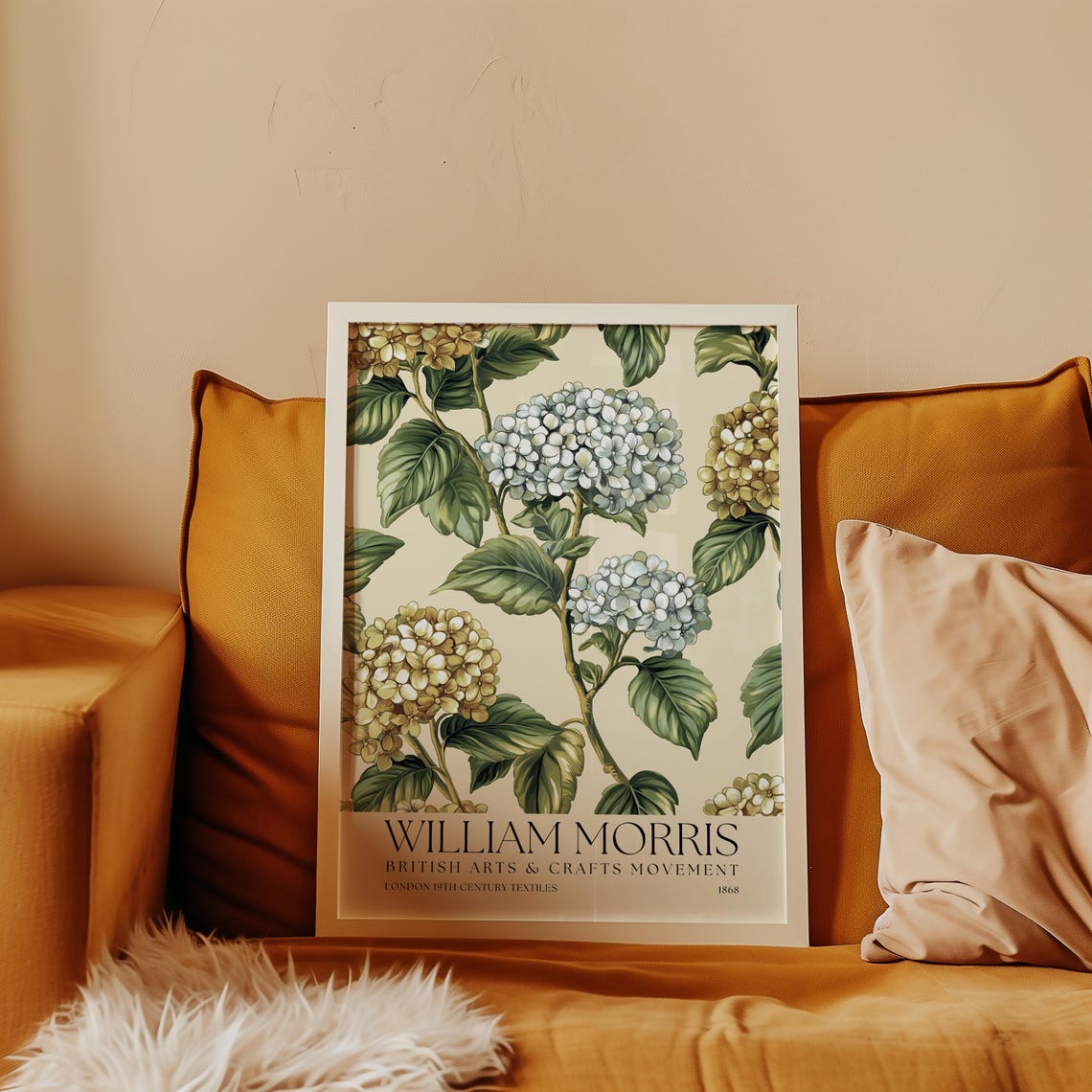 William Morris Hydrangea Blossoms Blue Gold Floral Exhibition Poster - Image 3