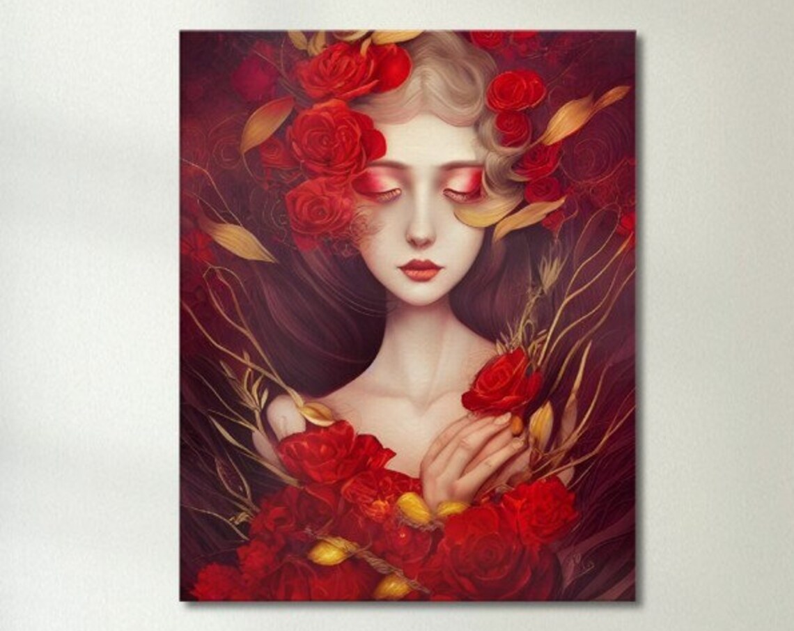 Dark Red Rose Goddess Portrait Passion Floral Fantasy Art Poster
