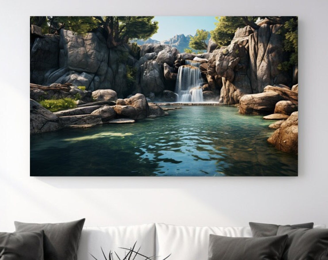 Mountain Waterfall Turquoise Lake Rocky Canyon Nature Landscape Poster