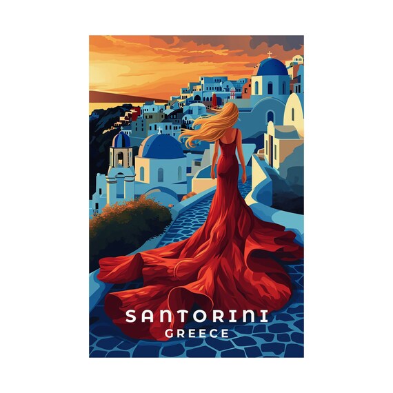 Santorini Greece Sunset Poster Woman Red Dress Blue Domes Art