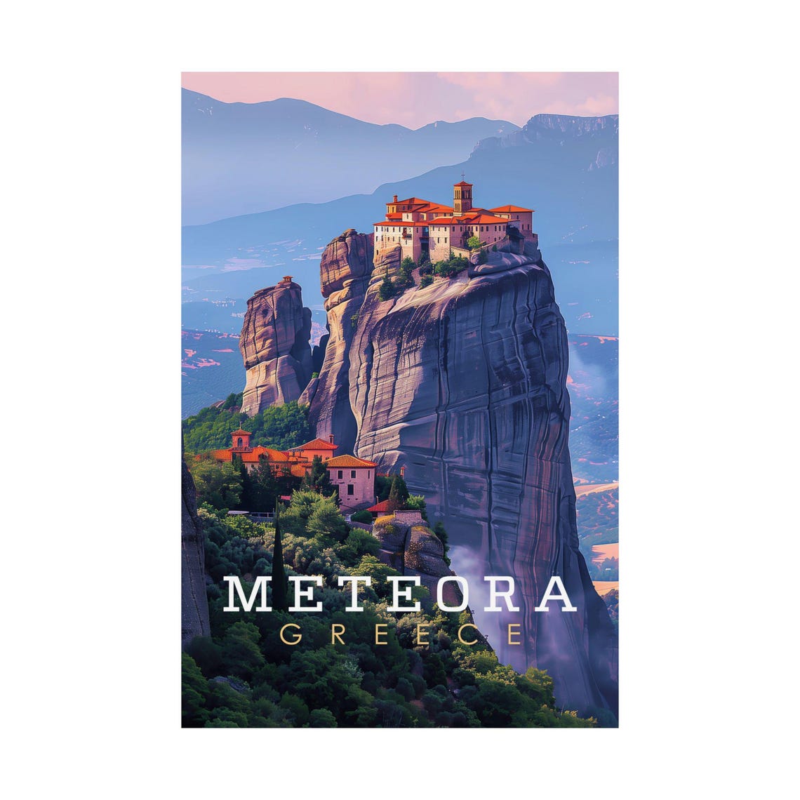 Meteora Greece Monastery Rock Pillars Dusk Vintage Travel Poster