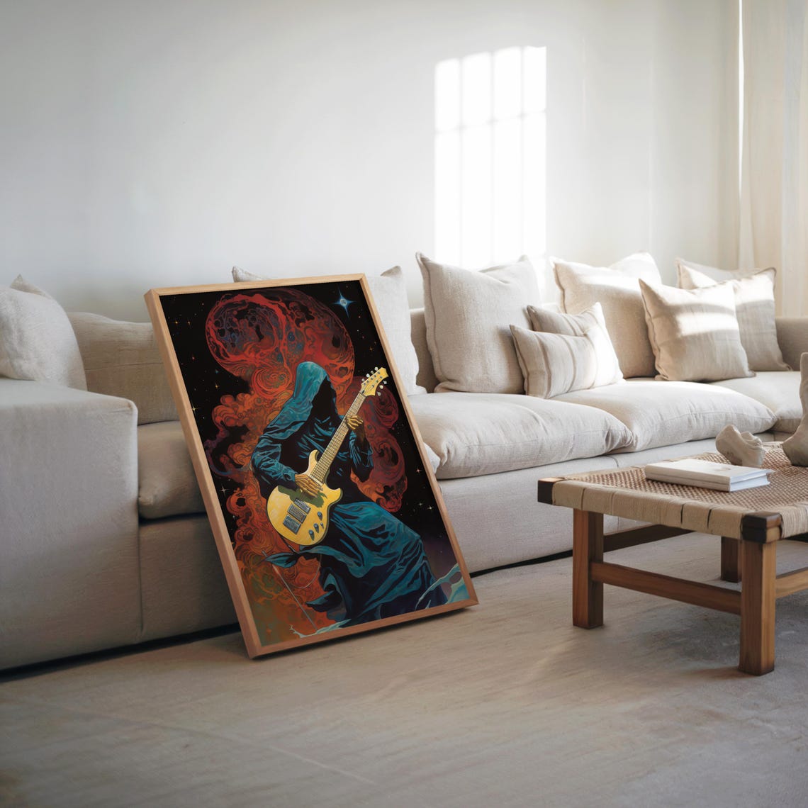 Grim Reaper Playing Electric Guitar Cosmic Moon Psychedelic Poster