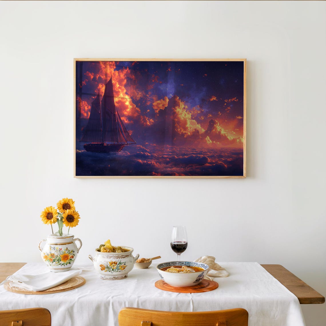 Surreal Tall Ship Floating Above Fiery Clouds Night Sky Wall Art
