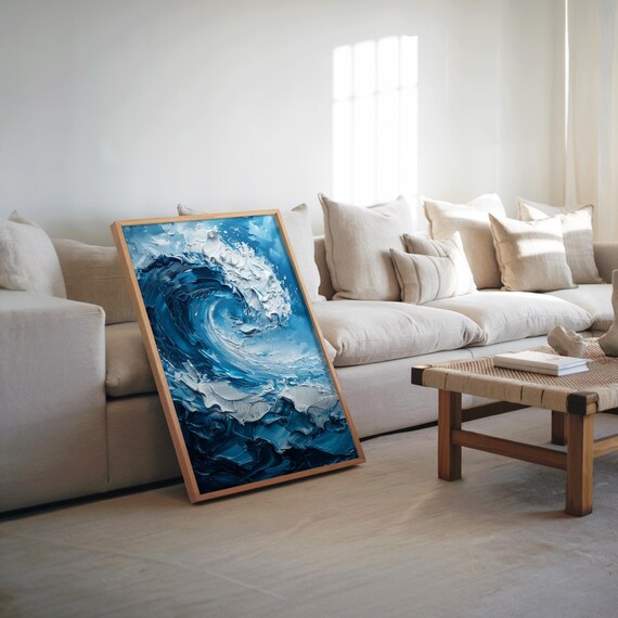Crashing Ocean Wave Blue Impasto Oil Painting Coastal Textured Poster