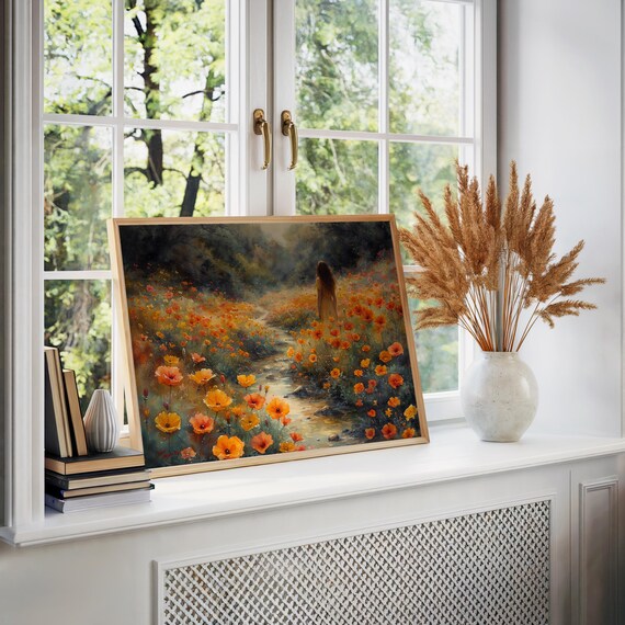 Orange Poppy Field Poster With Woman Walking Warm Impressionist Scene