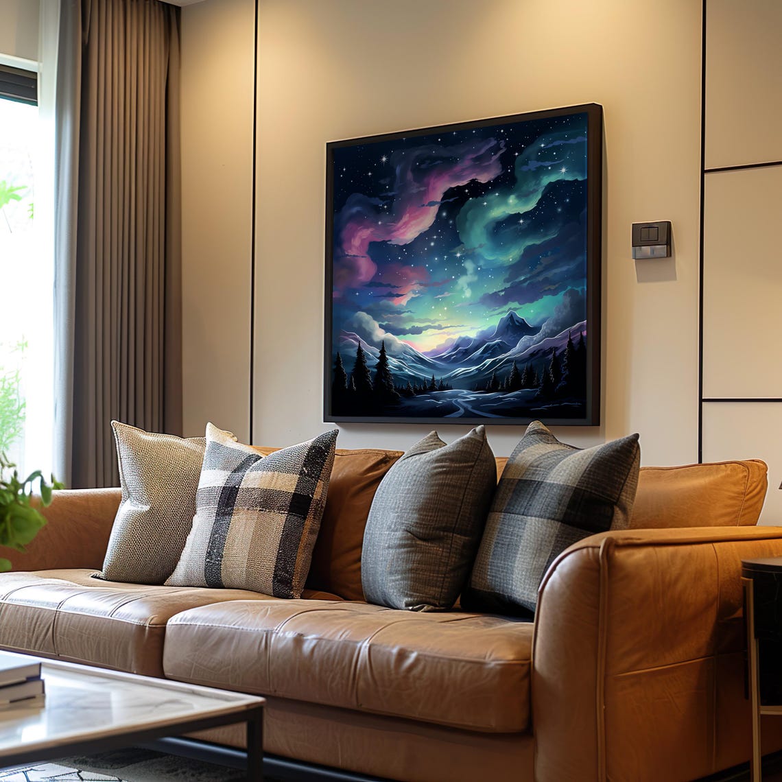 Northern Lights Aurora Over Snowy Mountains Night Sky Art Poster