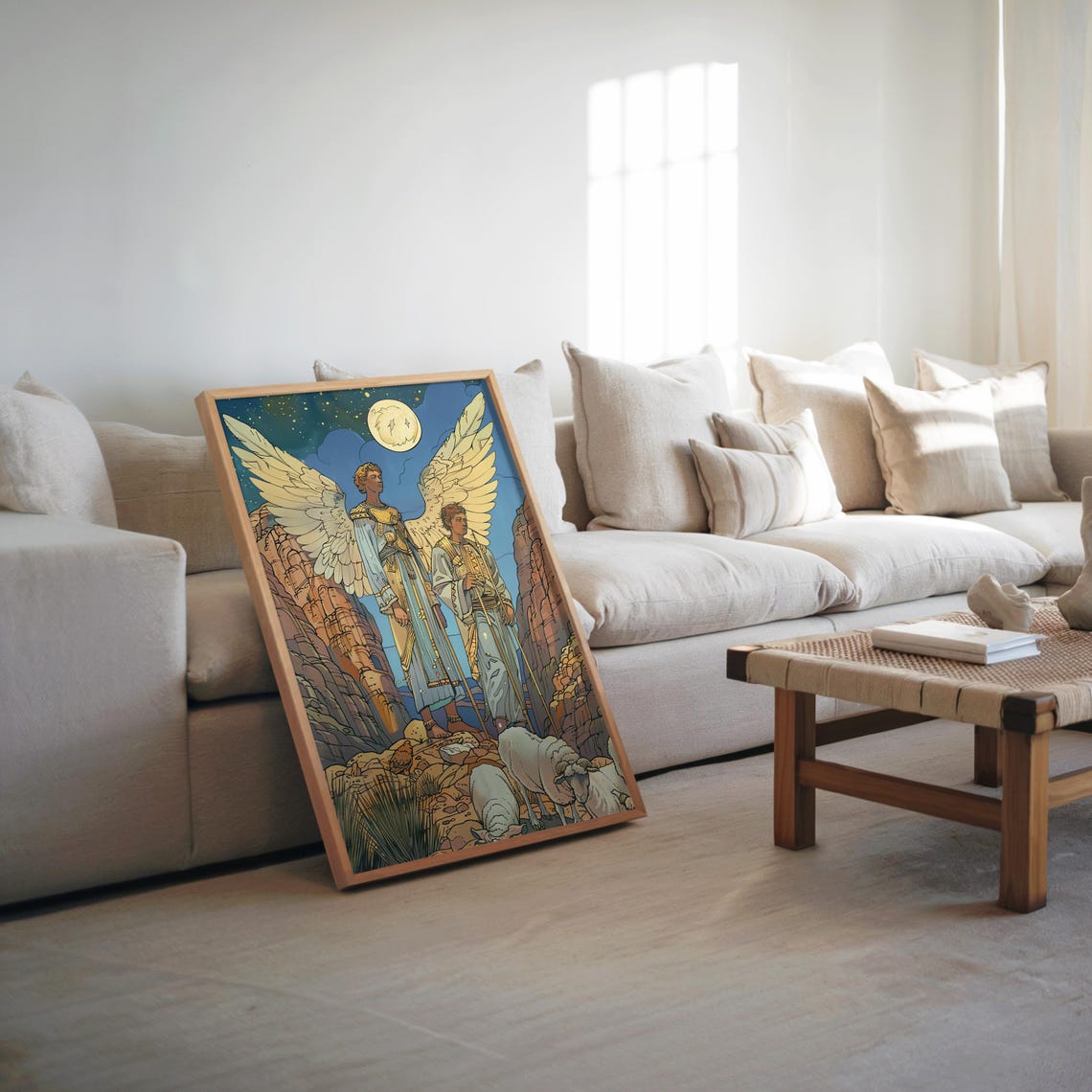Desert Night Angels Shepherds Sheep Moon Art Nouveau Style Poster