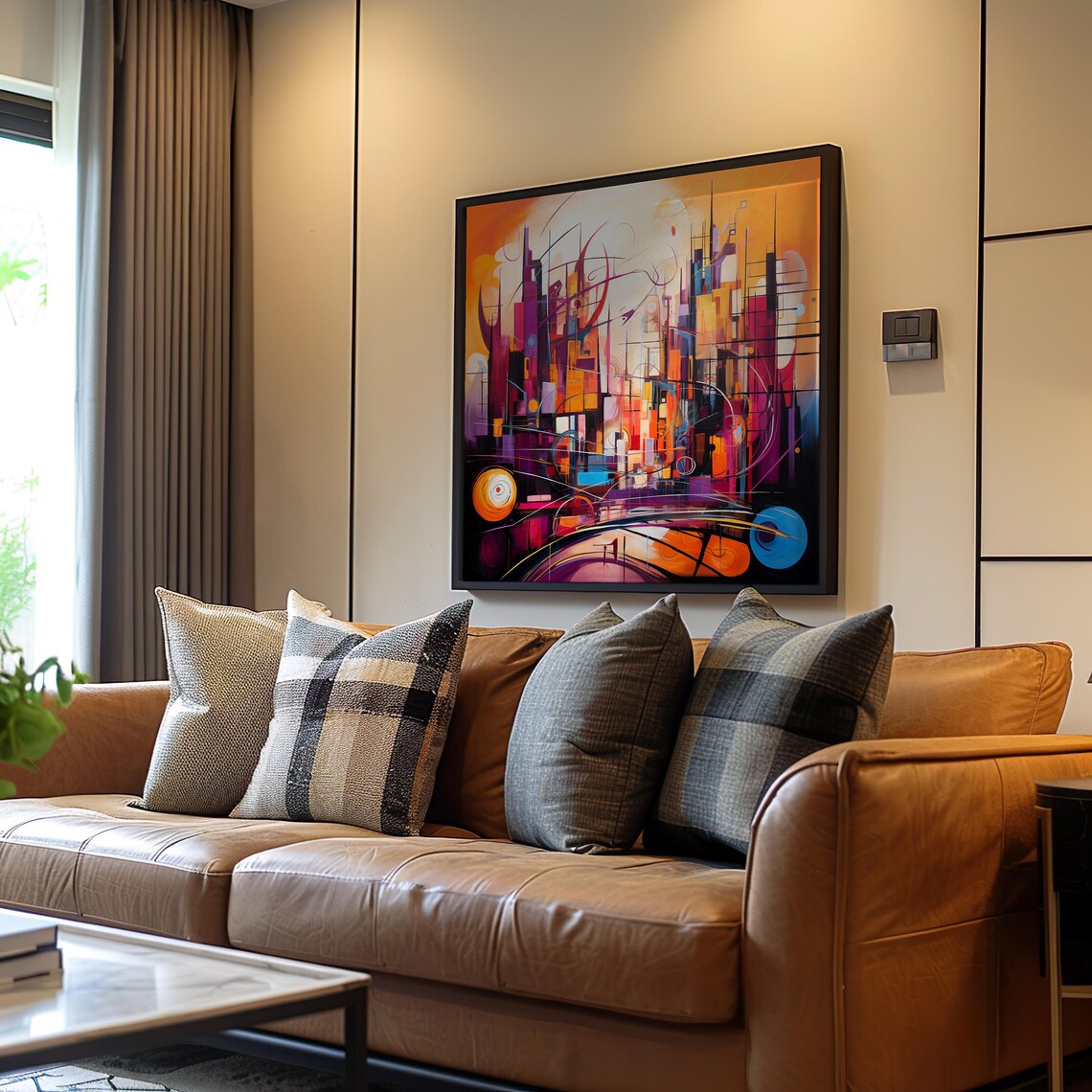 Cityscape Clock Modernism Expressionism Acrylic Painting Vibrant Neon Colors Highly Detailed Dreamy Art Artwork