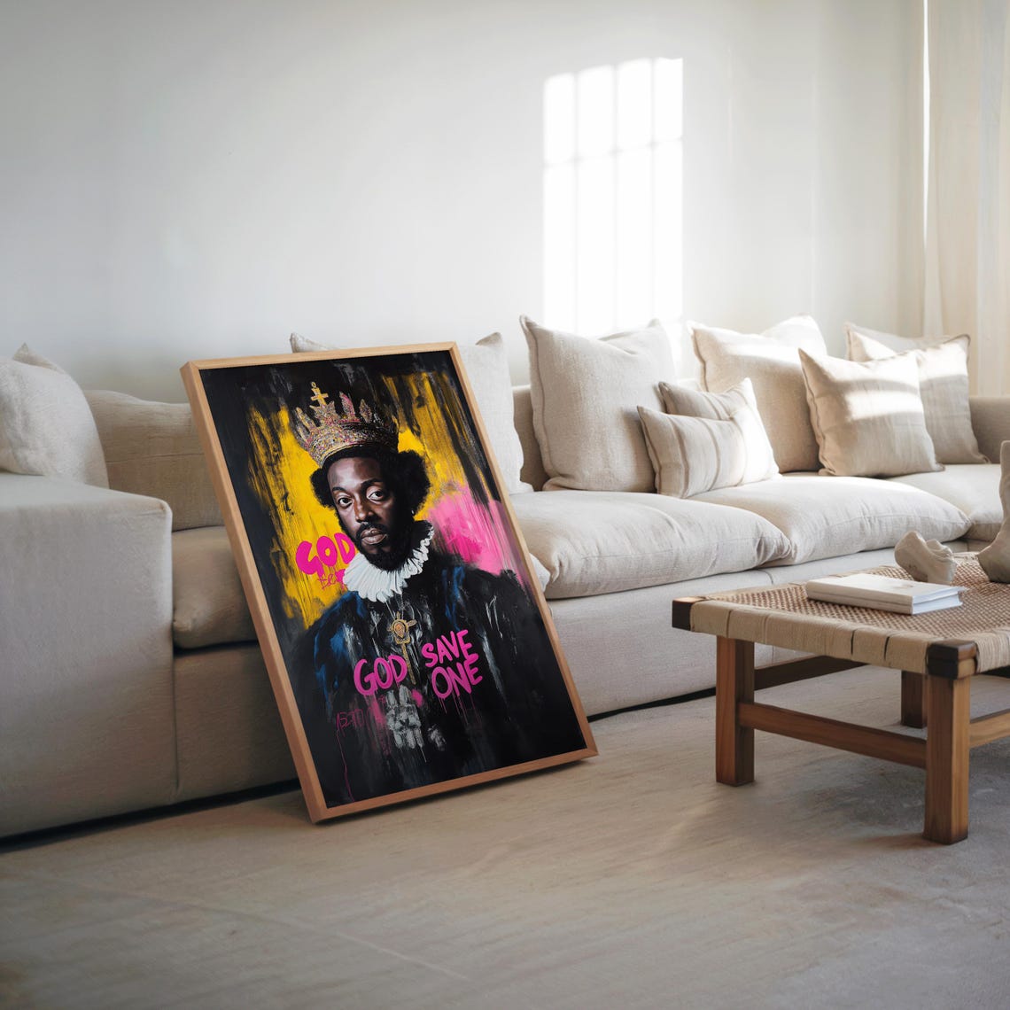 Crowned King Pop Art Portrait Neon Graffiti Street Style Poster