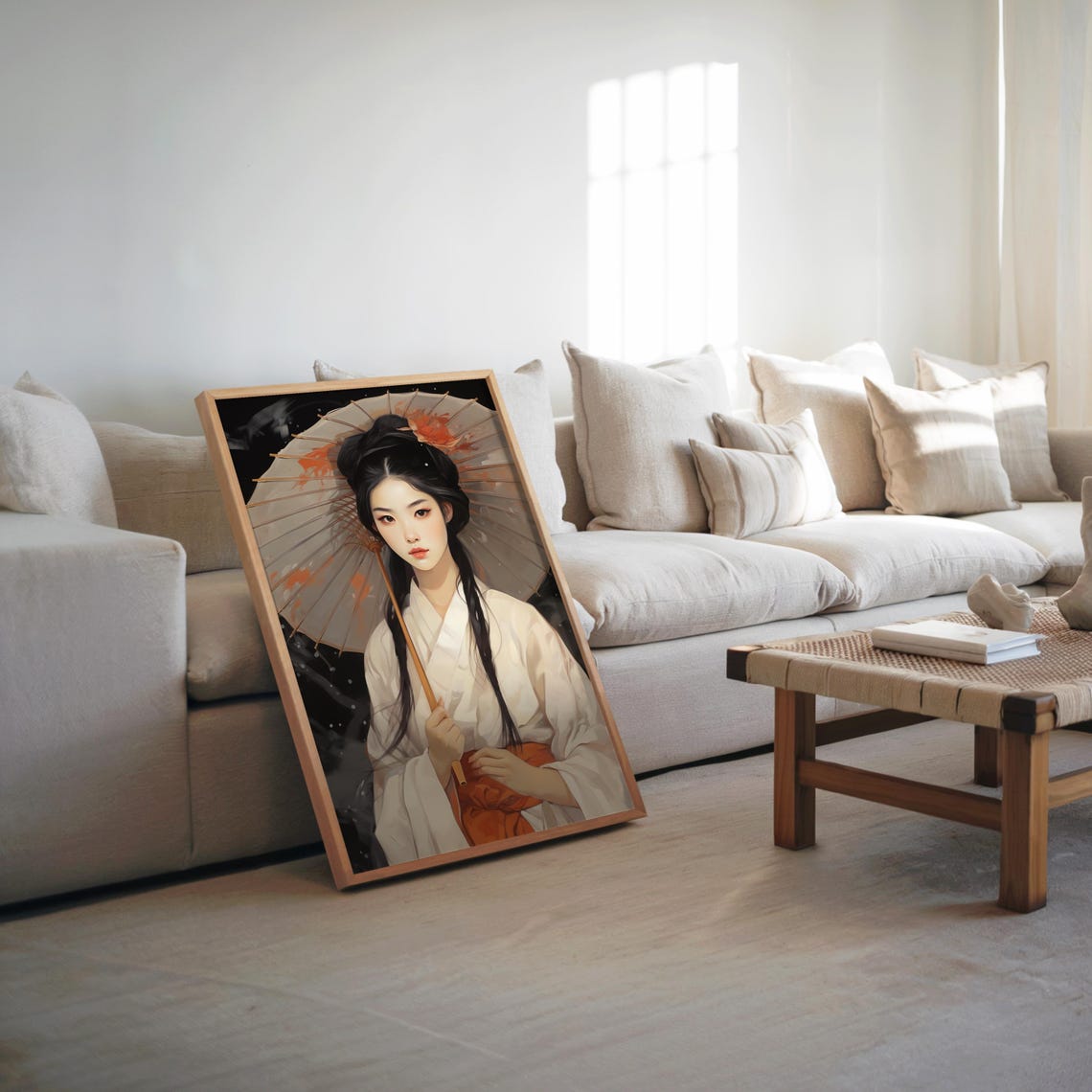 Anime Woman Kimono Parasol Oil Painting Style Elegant Art Poster