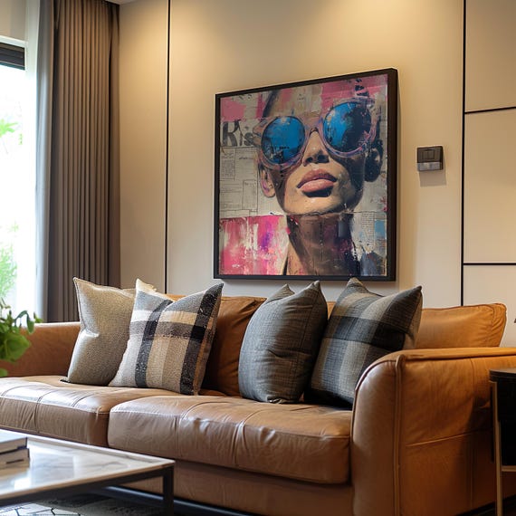 Maximalist Pop Art Woman Sunglasses Collage Building Oil Painting Pastel Vibrant Colors Glossy Retro Print Wall