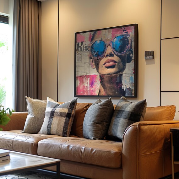 Retro Pop Art Woman with Blue Mirrored Sunglasses Collage Poster