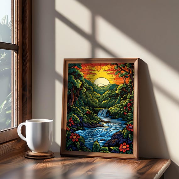 Psychedelic Waterfall Forest Print Vibrant Colors Retro Look Highly Detailed Vector Art Maximalist Style Warm Tones