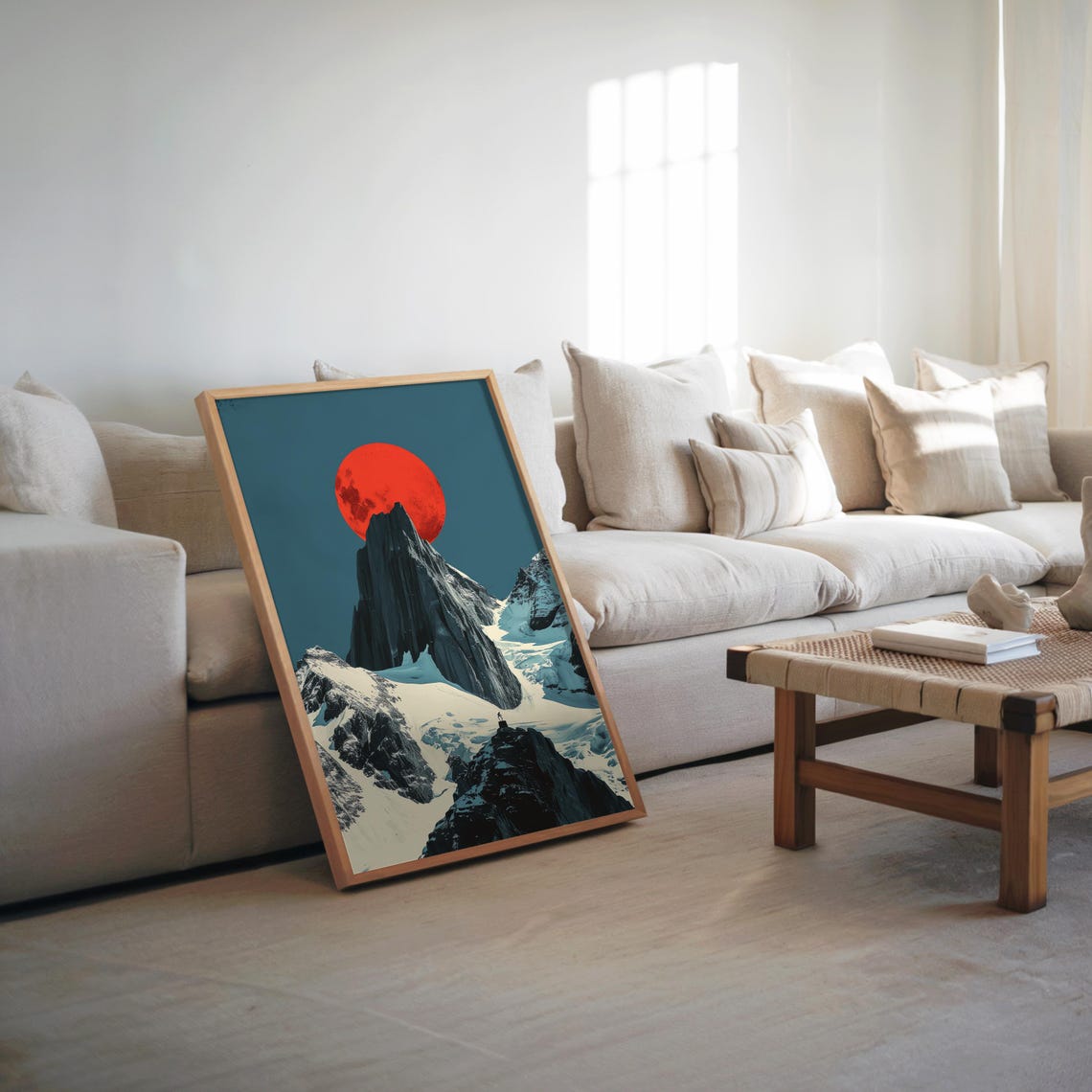 Red Moon Rising Mountain Snow Landscape Brutalism Art Midcentury Modern Screen Print Illustration Cool T