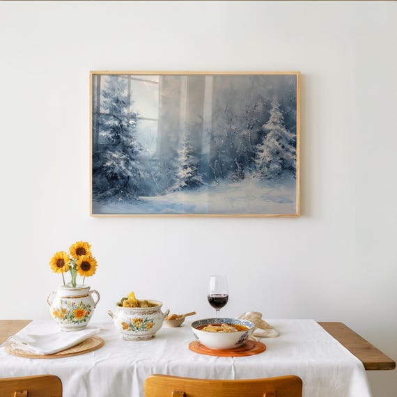 Impressionistic Snowscape Poster Photorealistic Style Oil Acrylic Art Muted Palette Noisy Texture Foreground Trees
