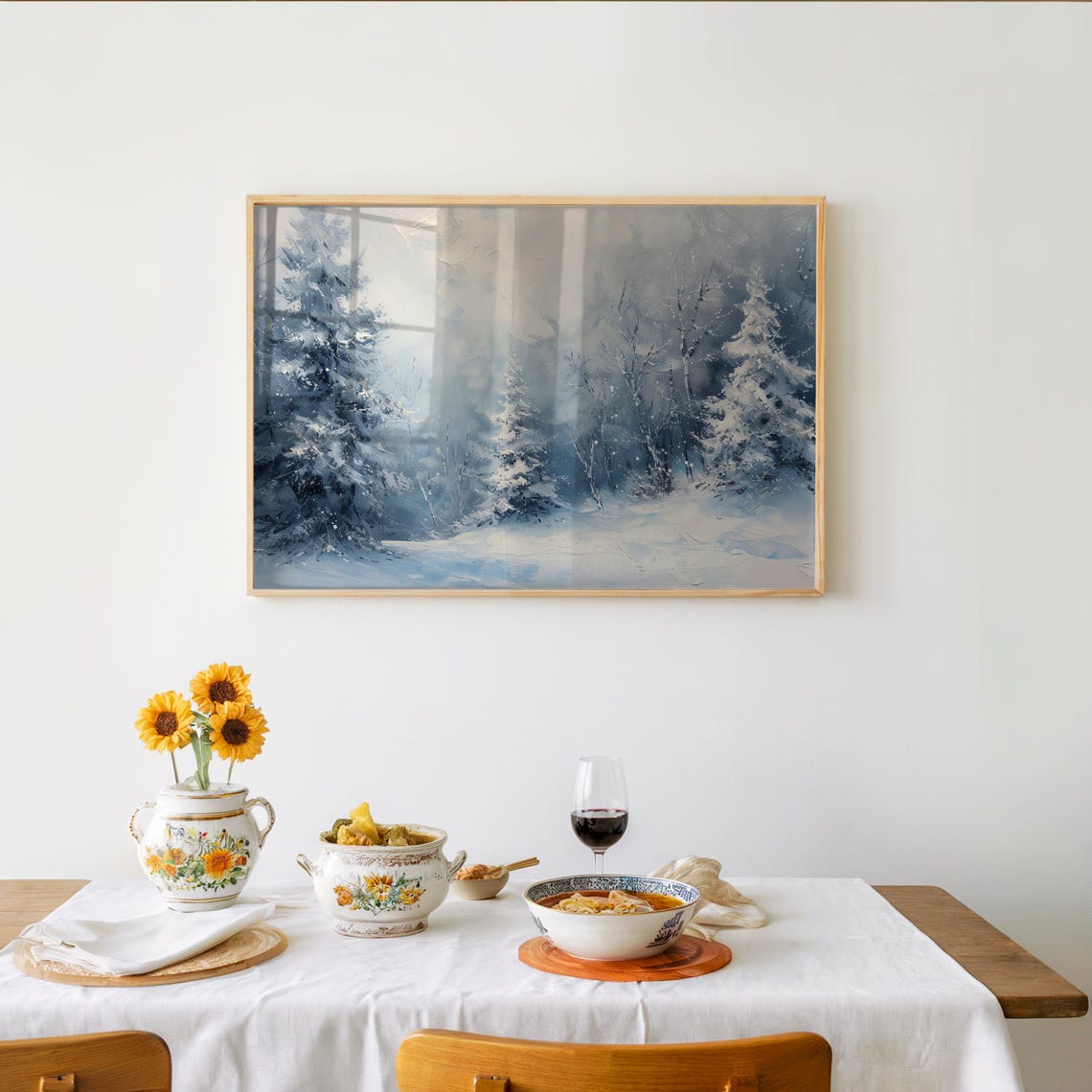 Winter Forest Snow Poster Impressionist Misty Pine Trees Cold Art