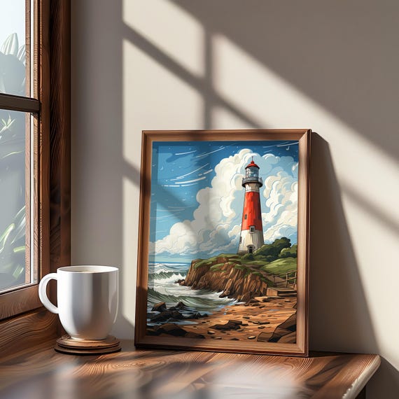 Retrofuturism Lighthouse Poster Cliff Edge Ocean View Vibrant Yet Muted Colors Highly Detailed Vector Art Impression