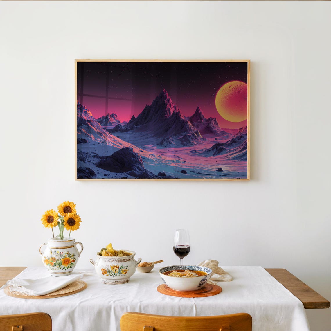 Bright Red Moon Snowy Mountain Peaks Retrofuturism Synthwave Art Neon Color Schemes Cinematic Pixel Mood