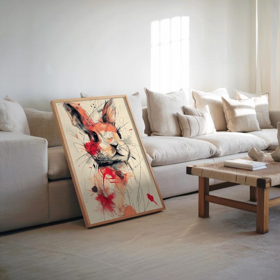 Maximalist Midcentury Modern Rabbit Poster Warm Tones Vibrant Colors High Vibe Screen Print Illustration