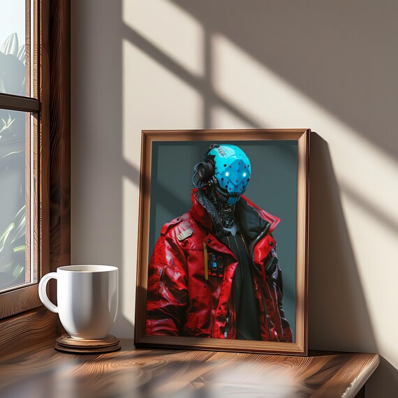 Cyborg Robot in Red Jacket Blue Helmet Sci Fi Portrait Wall Art