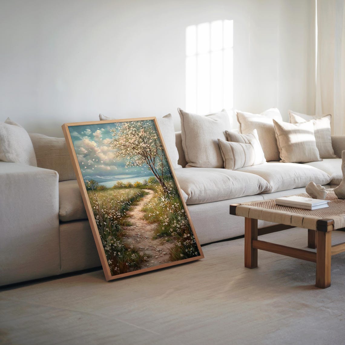 White Blossom Tree By The Lake Wildflower Path Landscape Poster