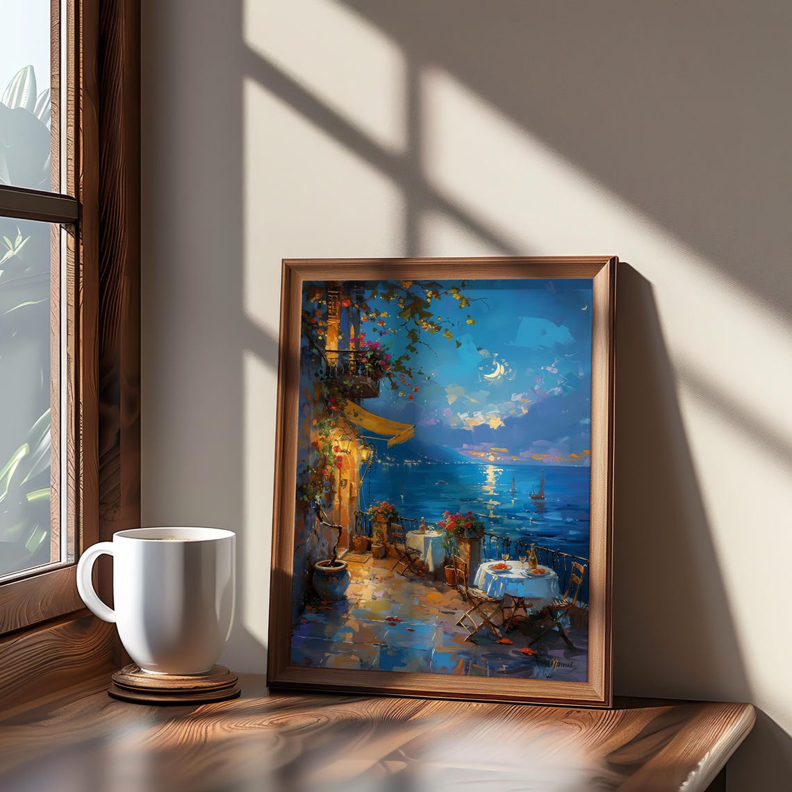 Moonlit Seaside Terrace Cafe Impressionist Evening Painting Poster