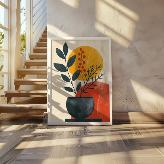 Midcentury Modern Black Vase Art Warm Tones Muted Colors Vector Illustration Modernism Decor Plant Poster 20 X 28